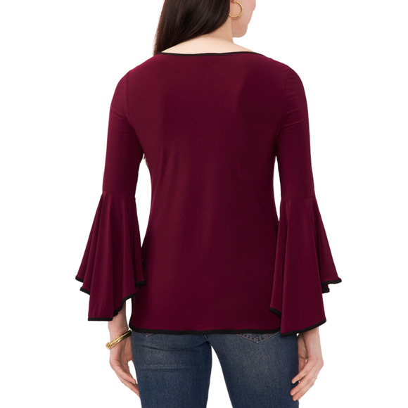 Sam & Jess Maroon Wine Contrast Trim Round Hem Bell Sleeve Blouse Top Large NWT - Picture 2 of 16